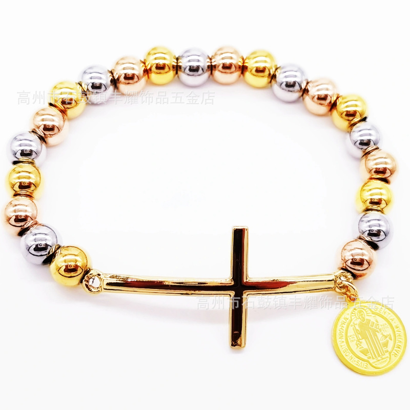 跨境热卖8mm不锈钢串珠加十字架弯牌手链圆珠手链diy弹力绳手链详情6
