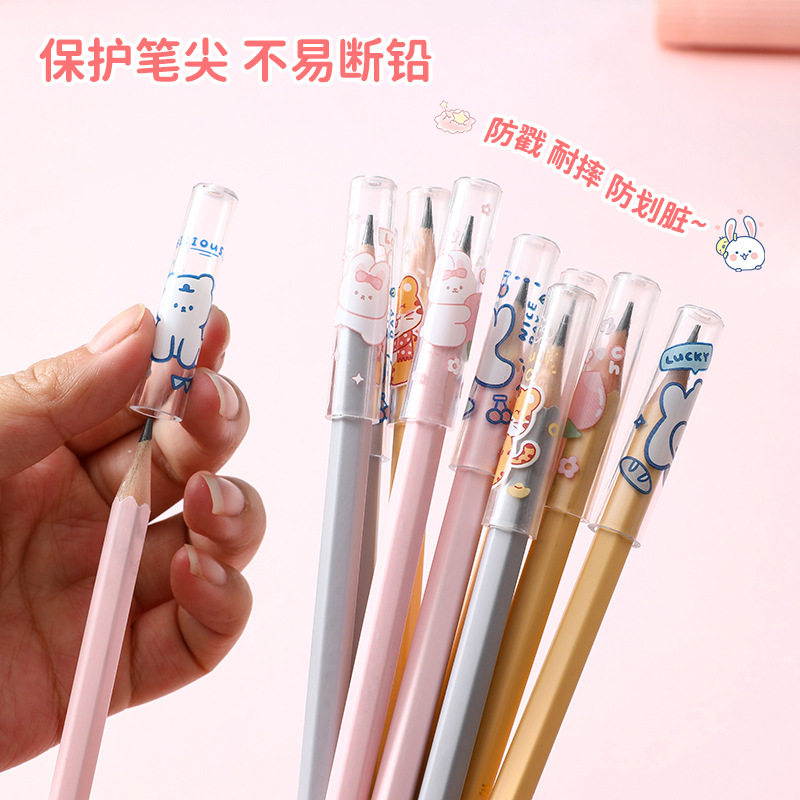 6 cartoon children's pencil cases, transparent plastic pencil protectors, white student pencil extenders, pen caps details Picture