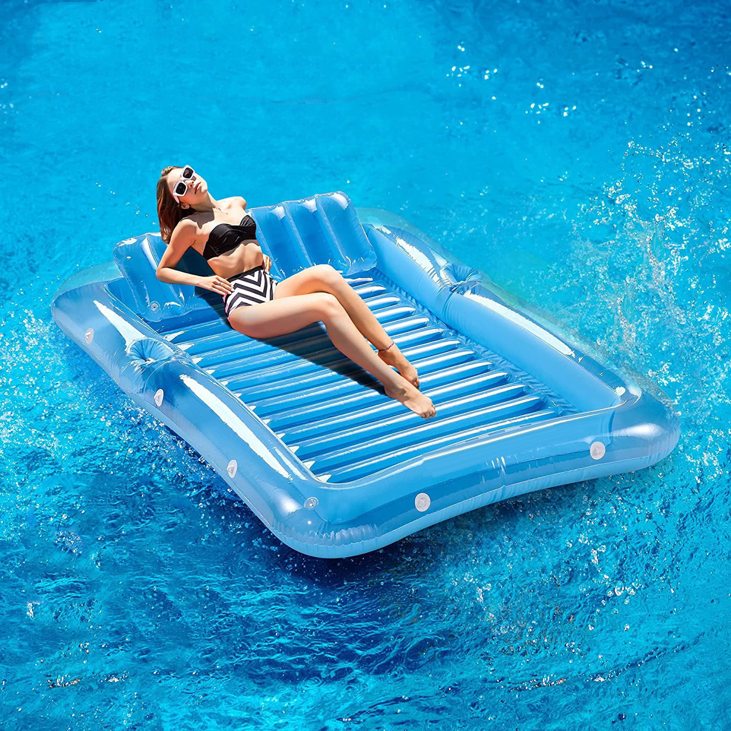 跨境新款PVC充气水上双人浮床户外泳池浮床躺椅沙滩水床网纱浮床浮排图