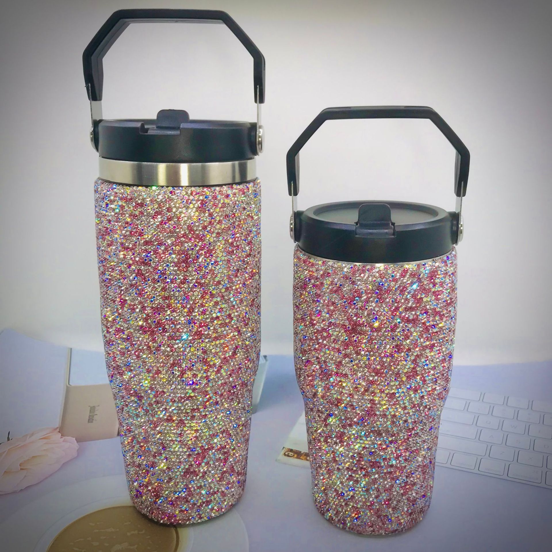 30oz hand-held ice cup with diamonds, portable car cup, car-mounted coffee cup, stainless steel double-layer insulated cup details Picture