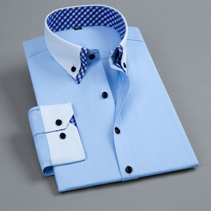 Cross-border men's color-blocking shirt, men's long-sleeved no-iron, anti-wrinkle, business casual, professional formal wear, cotton design sense shirt details Picture
