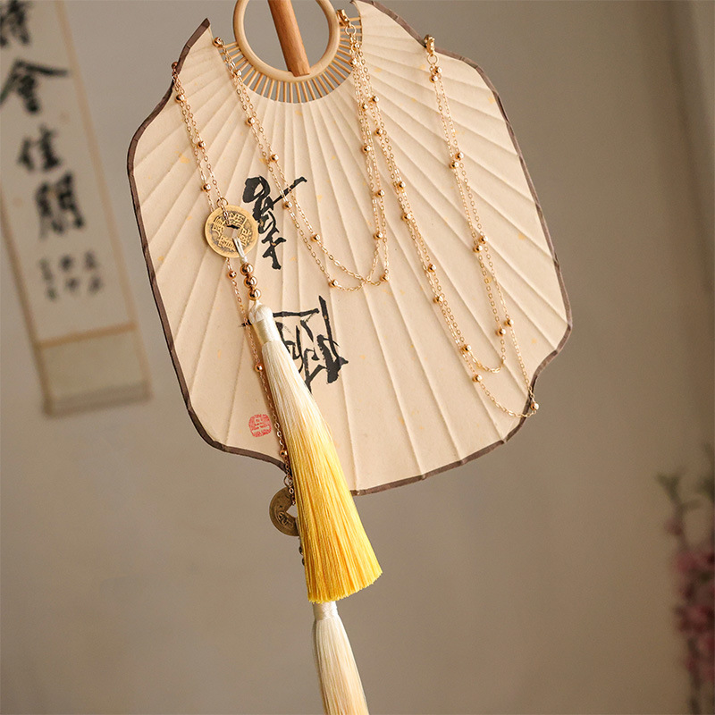 Copper coin long tassel lapel, Chinese-style waist accessory, ancient-style Hanfu accessory, long unisex, no-walk waist chain details Picture
