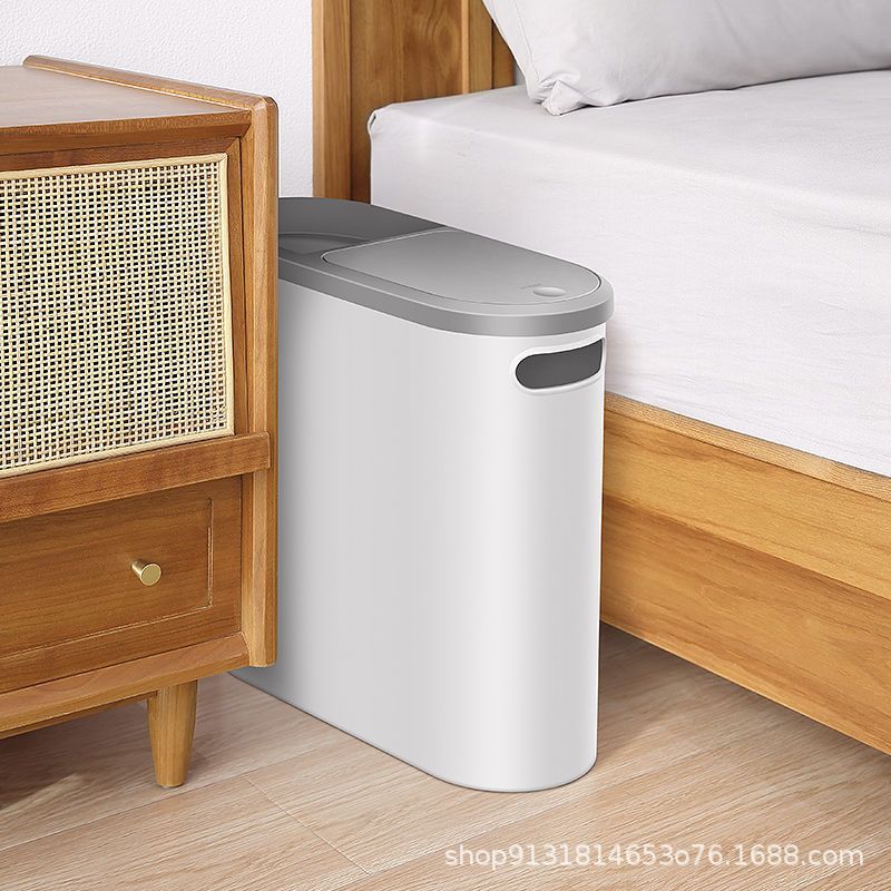 The G14 household trash can with a lid, a press-type pop-up lid, exudes a high-end feel. It can prevent odors in the kitchen and bathroom, and does not take up space in the gap. It is a wastebasket Specification image