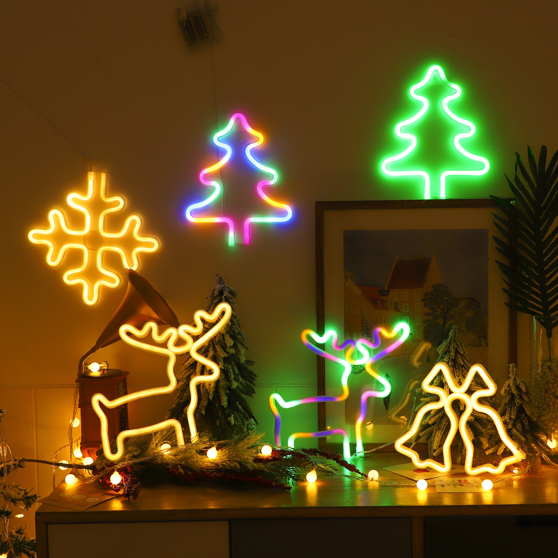 Decoración navideña neón lámpara de forma de copo de nieve lámpara de mesa creativa girly heart ins room decoration light cross border