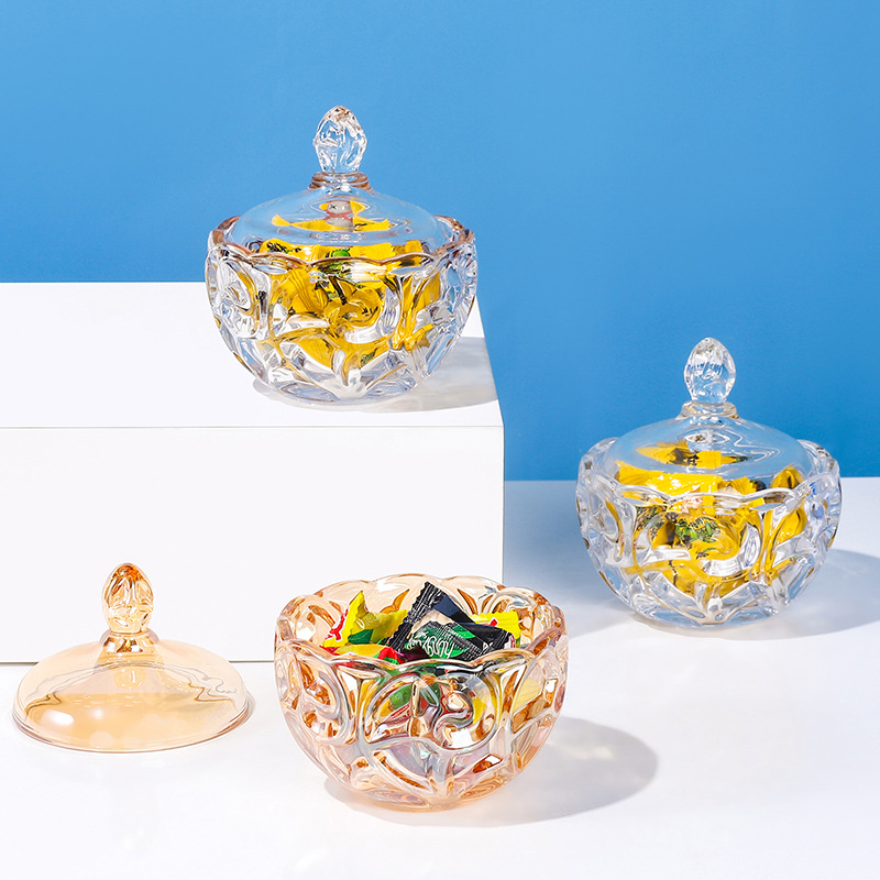 欧式糖罐祥云小糖缸玻璃糖缸储物盒装饰透明糖果果盘带盖收纳盒