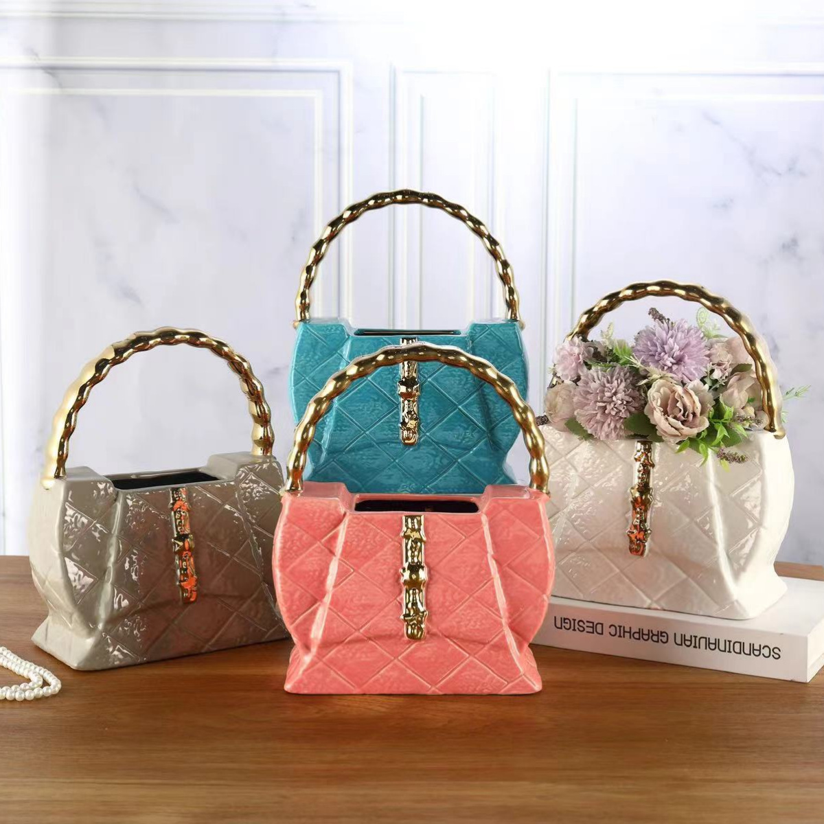 Modern Ins-style handbag, ceramic vase, living room dried flower arrangement, desktop TV cabinet decoration, fashionable and modern Ins-style handbag, ceramic vase, living room dried flower arrangement decoration, TV cabinet Application Scenario