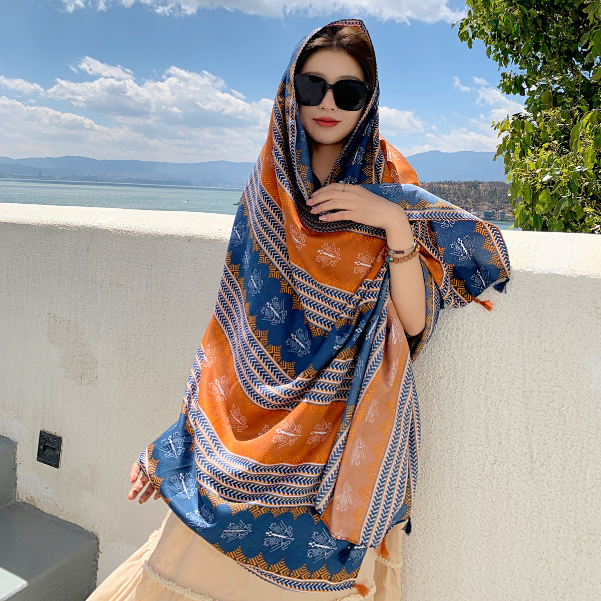 National trend cotton and linen printed silk scarf, large shawl for beach sun protection, Bohemian beach scarf, beach scarf for women in summer details Picture