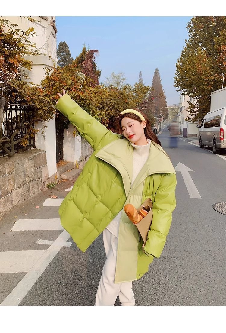 Aguacate verde pato blanco abajo PU piel abajo chaqueta para mujeres estilo mediano largo diseño de nicho sentido influencers estilo explosivo abrigo sin lavado pic 27