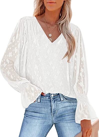 2022 Europe And The United States Amazon Women's Long Sleeve Shirt Lace Shirt Chiffon Shirt Pleated Trumpet Sleeve Top Specification drawing