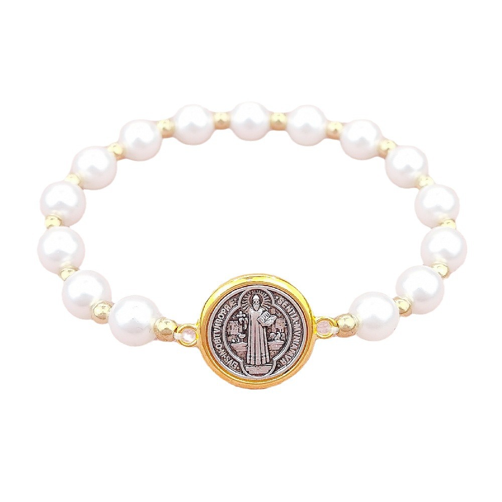 European And American Foreign Trade Cross-Border Amazon Temu Hot New Saint Benedict Exorcism Pendant Bracelet Imitation Pearl Lady Bracelet Couple Gift Manufacturers Wholesale Item Picture