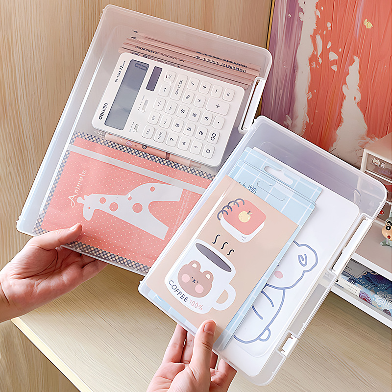 A4 document storage box, transparent double-buckle plastic file box, waterproof and dustproof household register, graduation certificate and information box Application Scenario