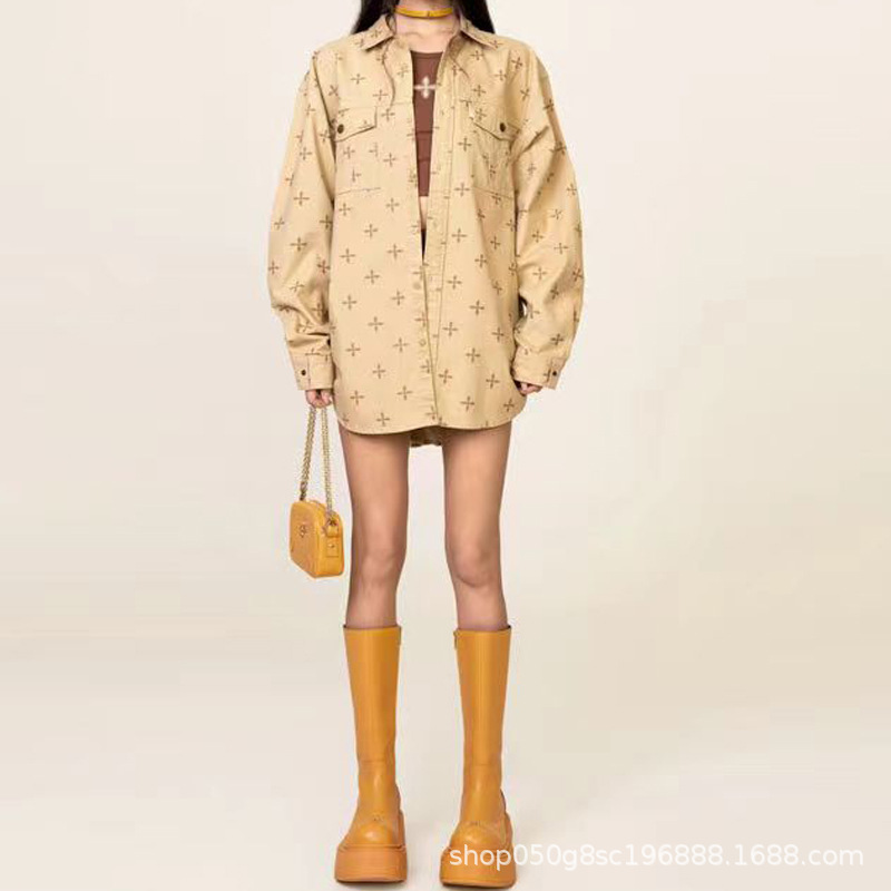 SMFK Garden wide-sleeved workwear shirt, retro college cross print, loose pure cotton long-sleeved shirt for women's spring style Specification image