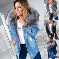 New Amazon plus fluff collar ladies slim cotton-padded denim coat 8022