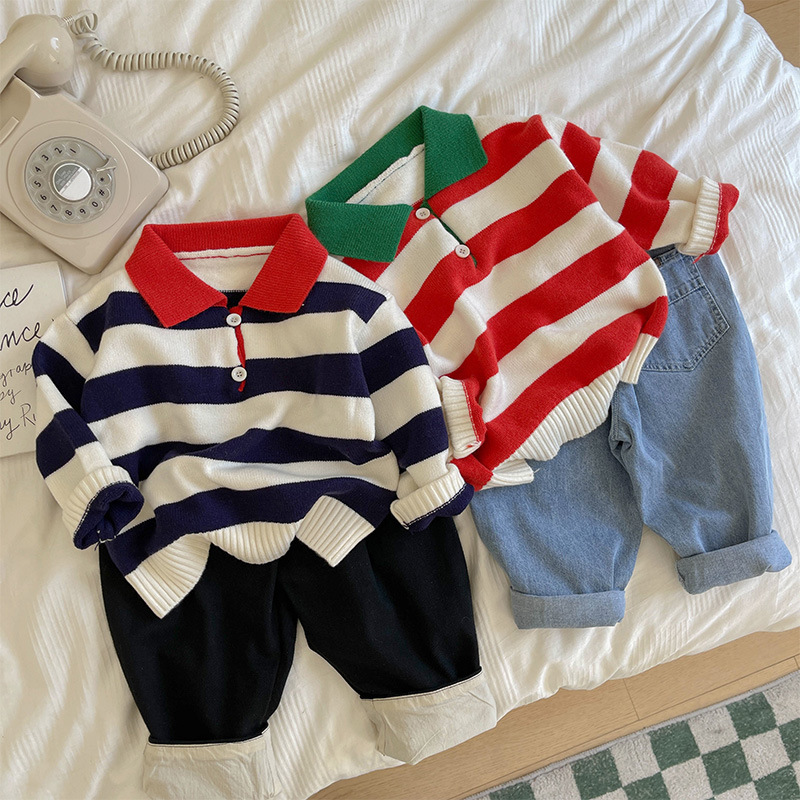Children's autumn boys' striped knitted sweatshirt Polo shirt, baby spring and autumn sweater 2022 new style stylish top details Picture