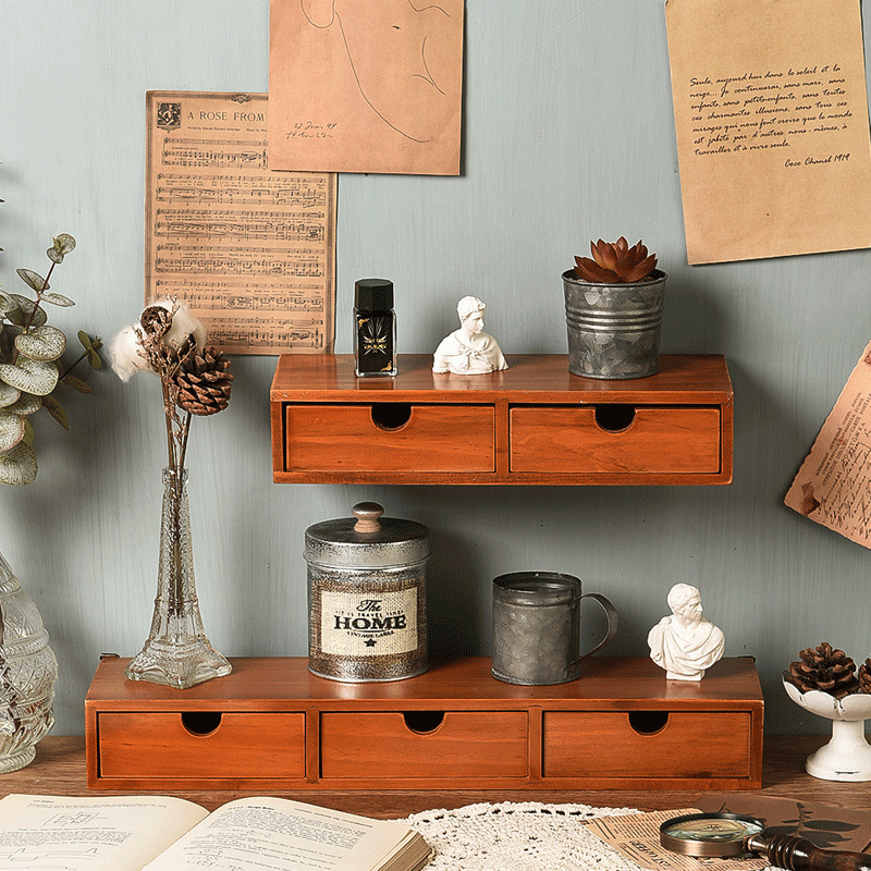 Retro Creative Desk Wall Storage Office Clutter Multi-Layer Organizer Zakka Wooden Jewelry Locker Application Scenario