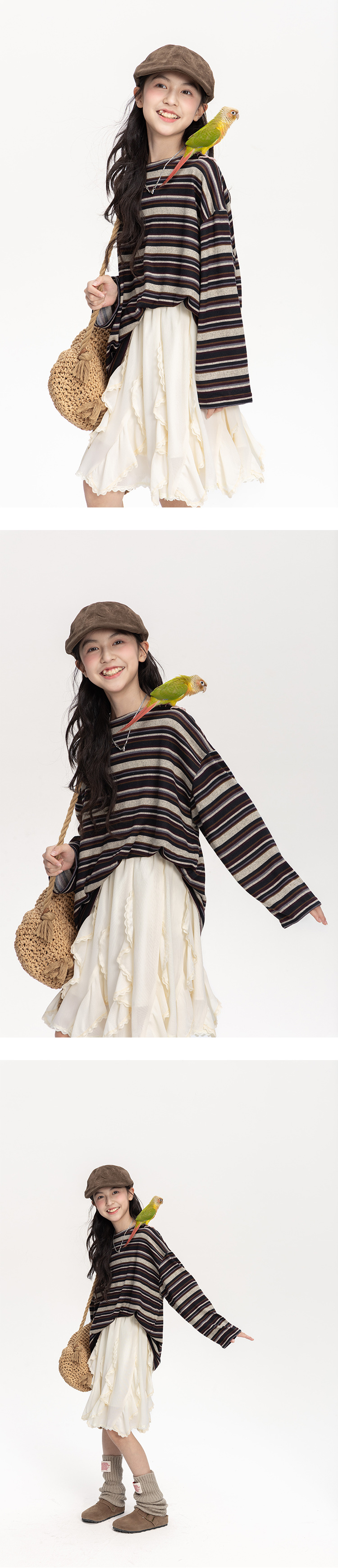 女童撞色条纹长袖t恤2025秋冬新款儿童韩版慵懒风宽松打底衫上衣详情7