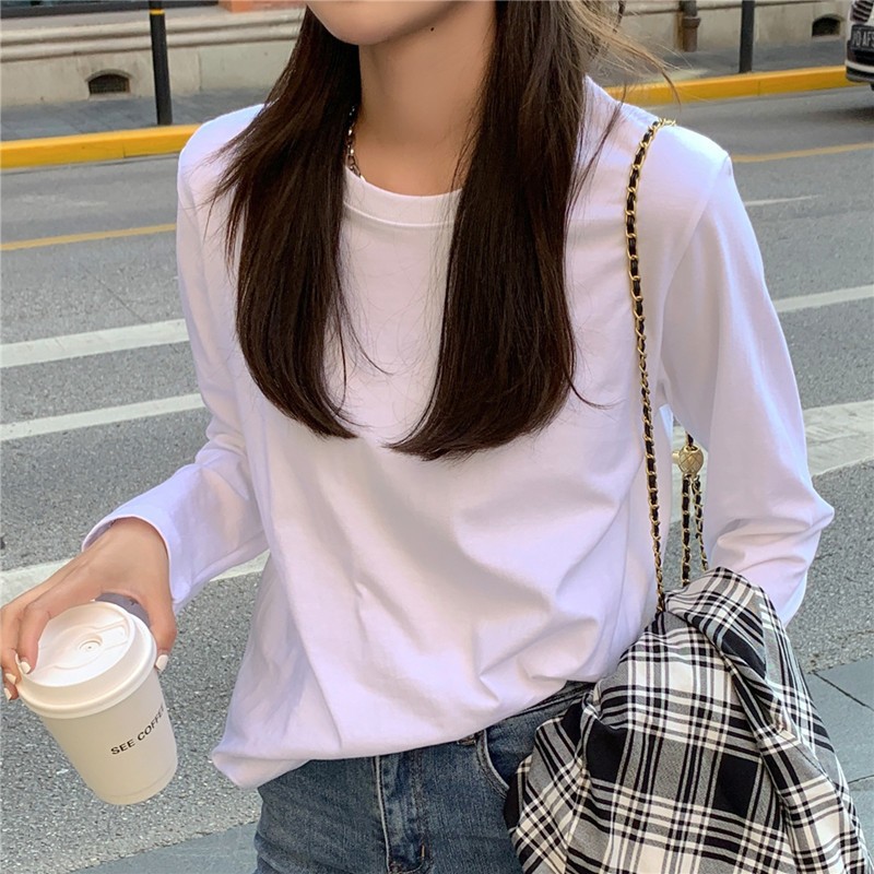 正肩长袖T恤女2024年新款白色打底衫女内搭春季百搭宽松上衣纯棉