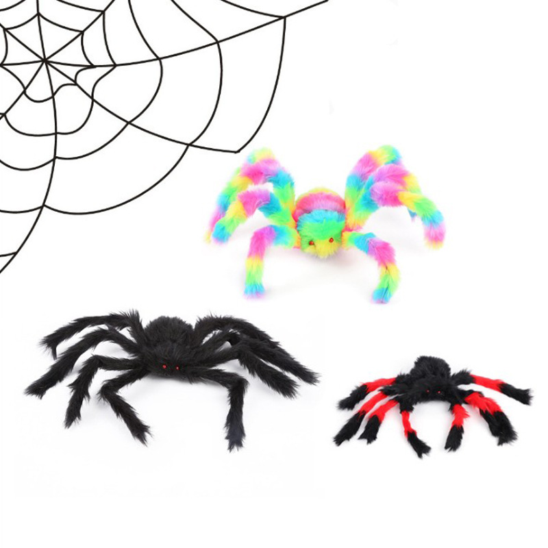 Halloween spider decoration props, outdoor venue arrangement, spider web, plush spider toys, simulated plush spiders Item Picture