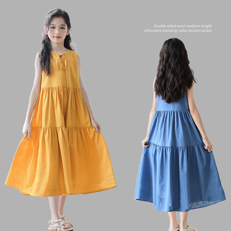New candy-colored sleeveless vest dress for middle school girls in summer 2024, long beach dress for middle school children details Picture