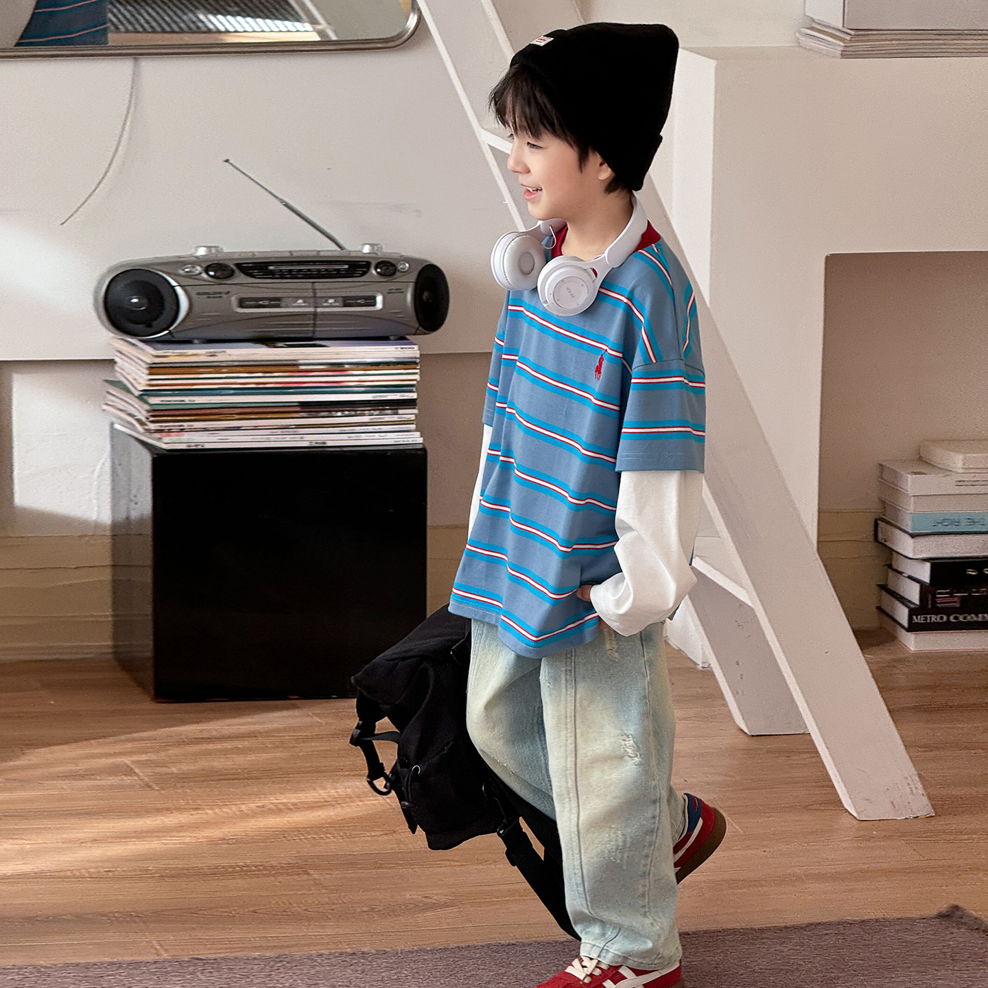 Tongku 2025 Spring Collection of Children's Clothing from Zhili, Huzhou: Stylish embroidered top, two striped children's T-shirts, trendy Application Scenario