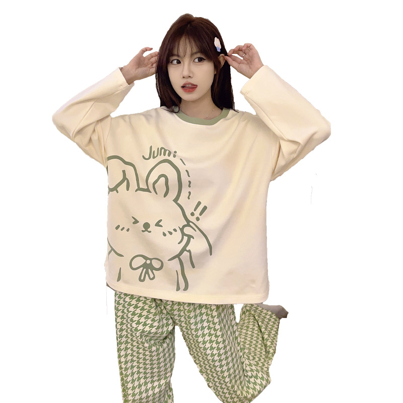 Primavera otoño pijamas mujer manga larga pantalones puede ser usado fuera de casa ropa traje linda chica otoño invierno nuevo diseño de dibujos animados tartan Application Scenario