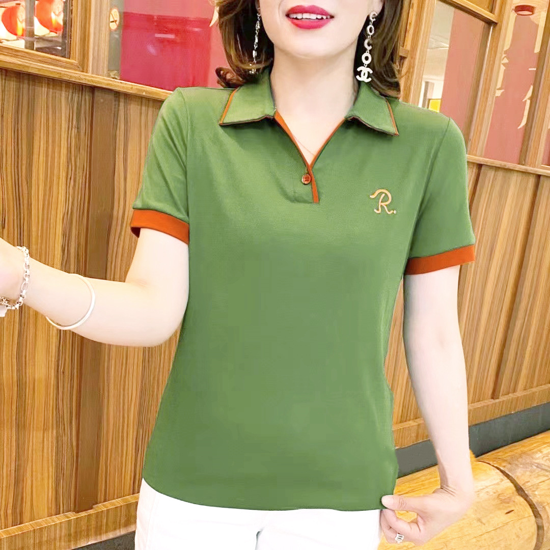 2022 Summer New style for middle-aged moms: Loose, slimming and youthful, French fashion POLO collar short-sleeved women made of elastic cotton
