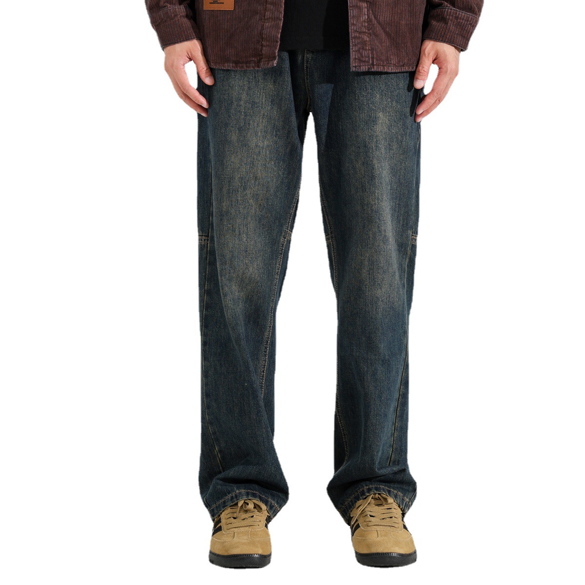 Men's autumn and winter jeans with fleece 2024 new retro pants, American high street straight-leg loose men's long pants