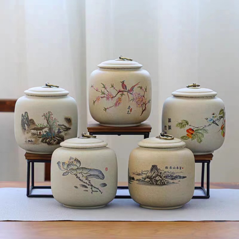 粗陶老岩泥陶瓷罐子中号轻奢茶叶罐包装罐防潮密封茶仓普洱罐礼盒