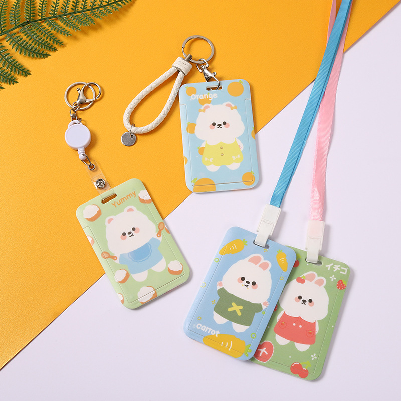 Cartoon rabbit student card holder, cute bear lanyard, sliding cover, bus card, keychain, ID card, wholesale work name tag
