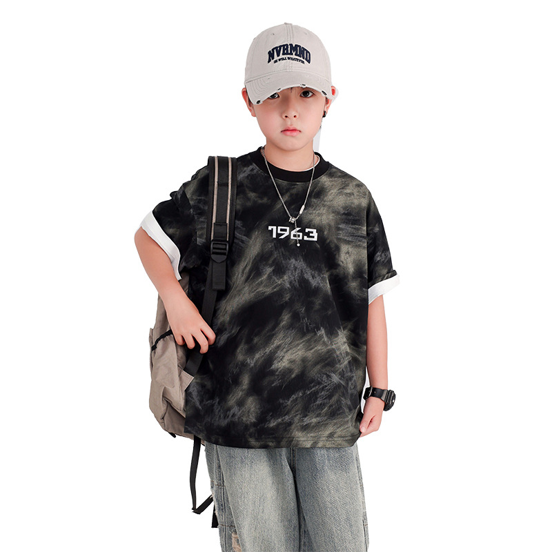 男童夏季痞帅扎染重工短袖T恤2025新款儿童男孩夏装半袖冰感上衣详情图5