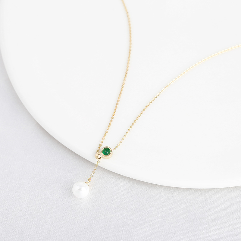 Yashliv French Light Luxury Emerald Zircon Necklace 925 Silver Pearl High-Grade High-Grade Temperament Wholesale Necklace Specification drawing