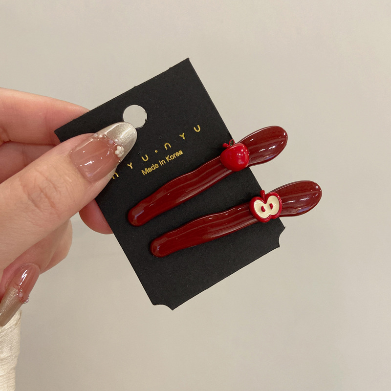 可爱安可拉红色小苹果刘海发夹女前额碎发卡韩版高颜值一字鸭嘴夹详情5