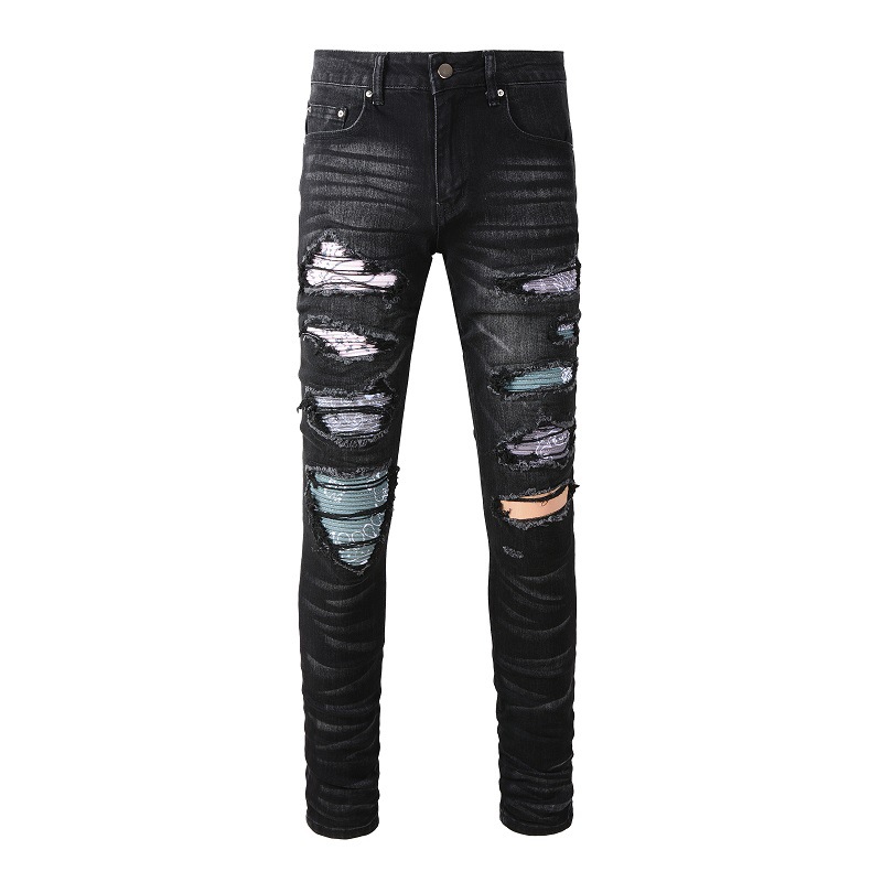 Xiaodan custom-made American high street men's jeans, men's perforated floral fabric patch stretch slimming pants 1334 full figure