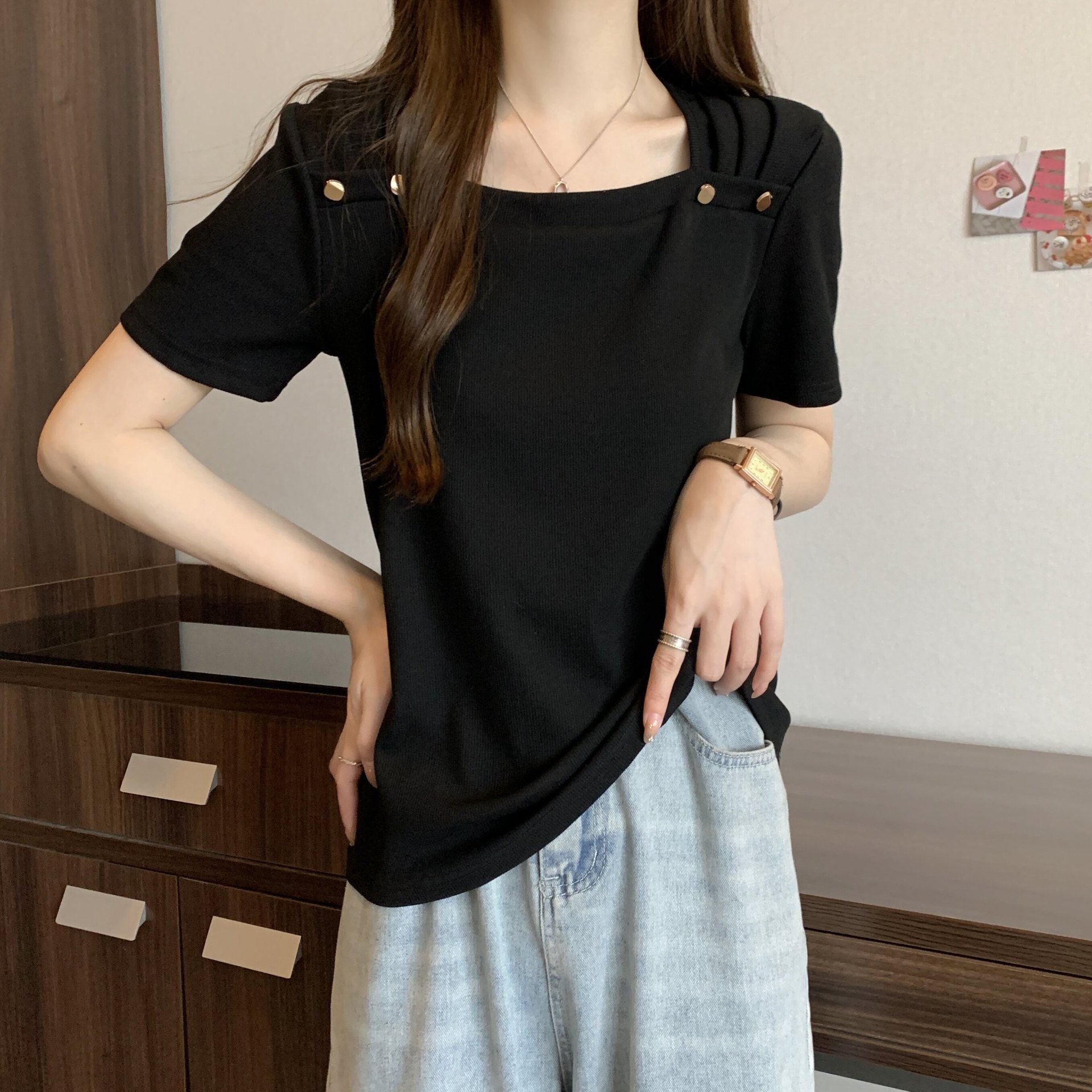 方领正肩短袖t恤女2026年夏季显瘦宽松设计感欧货短袖上衣A11743详情12