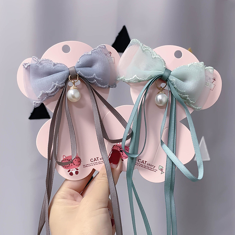 Children's Super Fairy Pearl Bow Headwear Baby Ponytail Streamer Braided Hair Clip Summer Tie Hair Headwear Wholesale details Picture