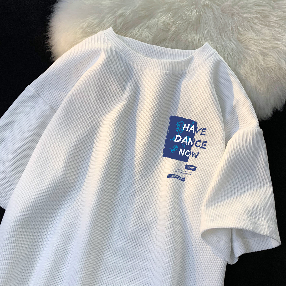 Short-sleeved T-shirt for men, summer Hong Kong-style thin, ins trendy brand loose, heavyweight Waffle couple half-sleeved