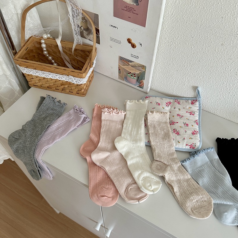 Sock stall, one-piece consignment for pink black fungus fringed socks, women's mid-calf socks, summer thin breathable pile socks, Japanese-style lace cotton socks, long socks, summer one-piece consignment