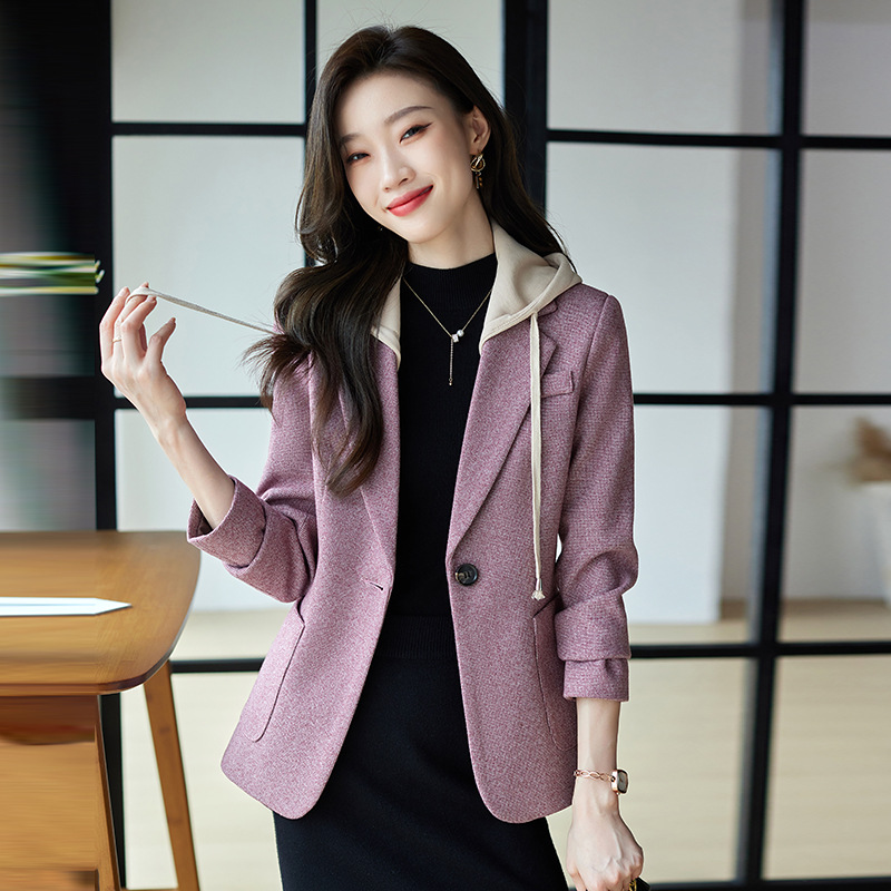 休闲假两件连帽西装外套女式春秋新款韩版高级格纹设计感西服上衣