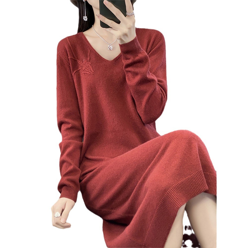 Vestido bordado cuello en V otoño invierno nuevo temperamento elegante largo color sólido holgado tamaño grande legging cross border jersey falda Item Picture