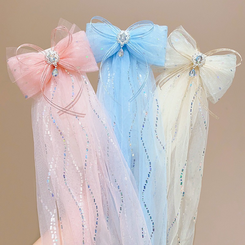 Children's Hair Clip Girls Super Fairy Diamond Bow Float Hair Clip Baby Long Streamer Headpiece Little Girl Hair Clip details Picture