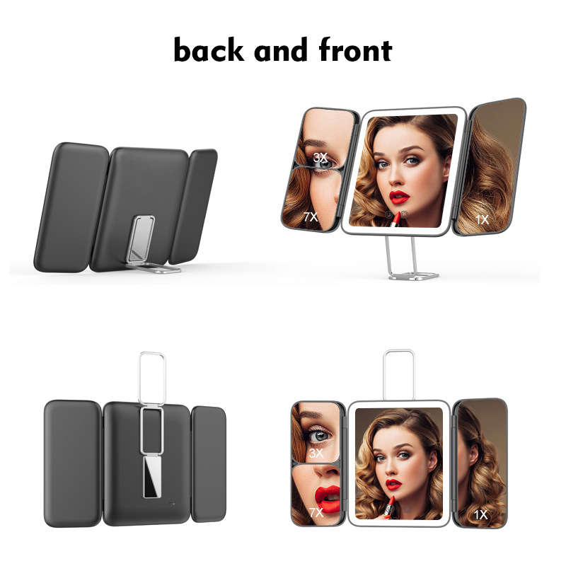Cross-border multi-functional three fold makeup mirror Table style LED mirror with 7x magnifying mirror Wall hanging Vanity mirror with light Specification drawing