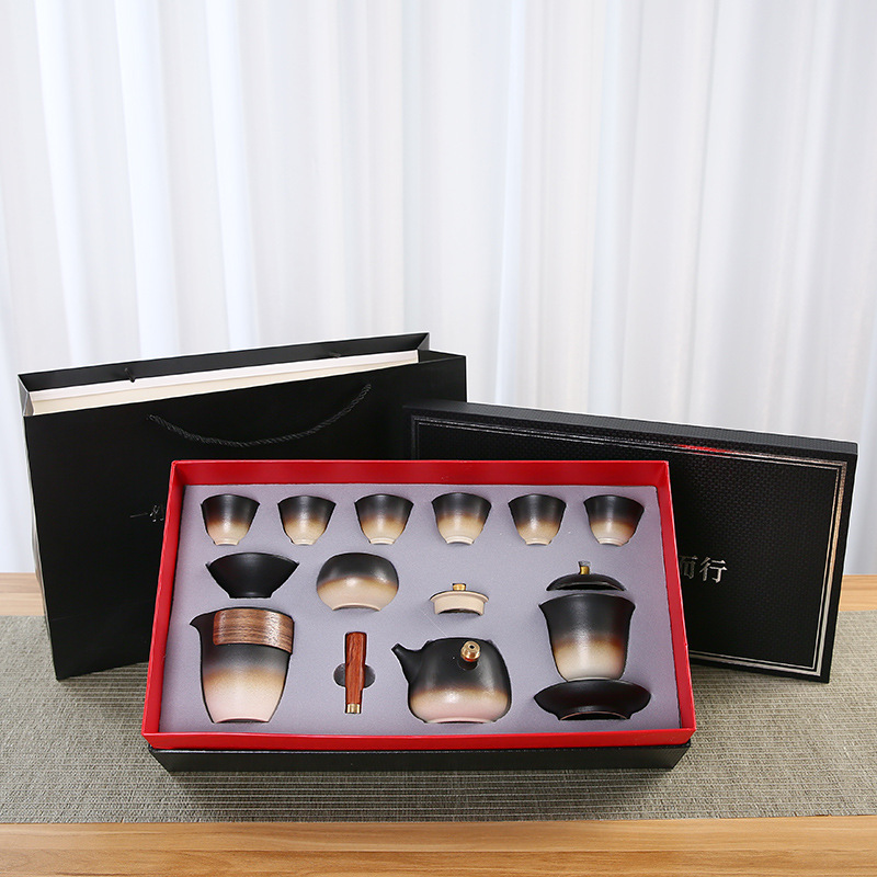 A complete set of Japanese coarse earthenware Lu Bao Kung Fu tea sets, black earthenware tea cups, covered bowls, side-handled teapots, and creative logos for both home and commercial use Application Scenario