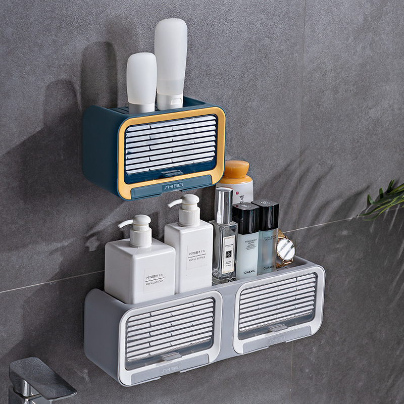 Household Shutters Soap Box Perforation-Free Wall Mounted Double-Row Drain Box Storage Rack Multi-Functional Small Storage Box details Picture