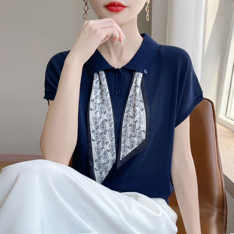 新款夏天丝针织衫短袖时尚翻领配带丝巾设计感上衣女百搭减龄T恤
