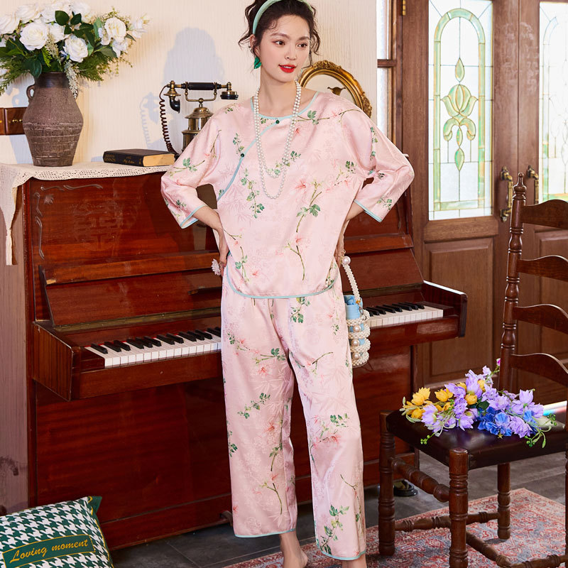 "National trend pajama women's ice Silk Chinese-style home wear set with chest pad pullover ice silk summer. Application Scenario
