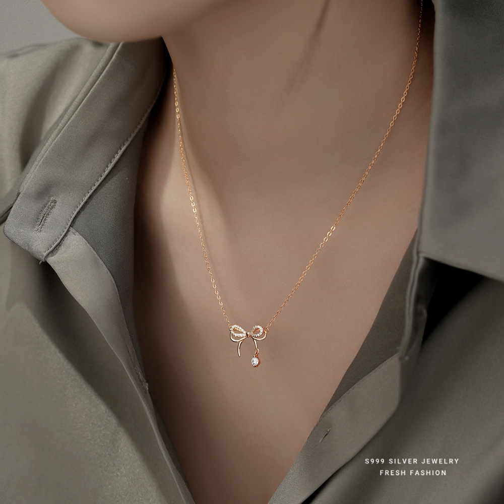 Yun Xiaoshu Cute Hand Made S999 Silver Bow Necklace Pendant Girl Heart Small Fresh Diamond Smart Clavicle Chain Specification drawing