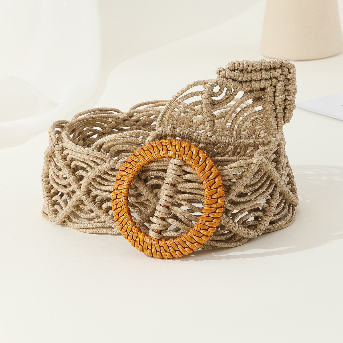 Ladies Boho Retro Ethnic Style Braided Belt With Wood Buckle Wood Beaded Wax Rope Hand Woven Knotted Belt Women