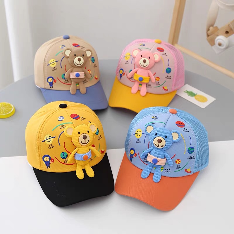 summer super cute cap cartoon bear detachable baseball cap mesh sun block cap kids baseball cap