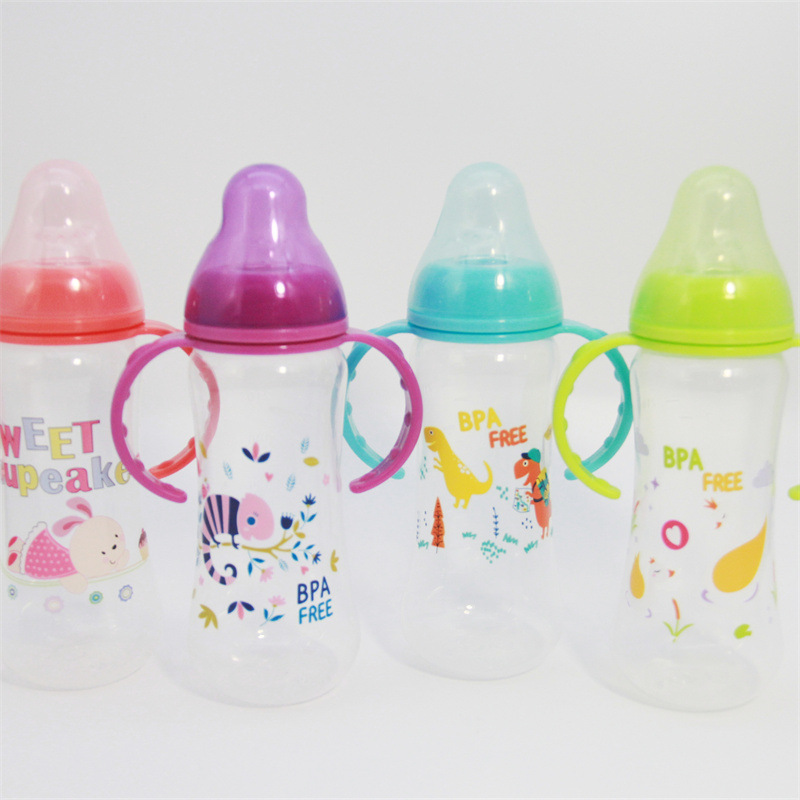 Fashionable baby bottles of various specifications with handles, large-capacity baby bottles, cartoon children's anti-choking grandma bottles, mother and baby products