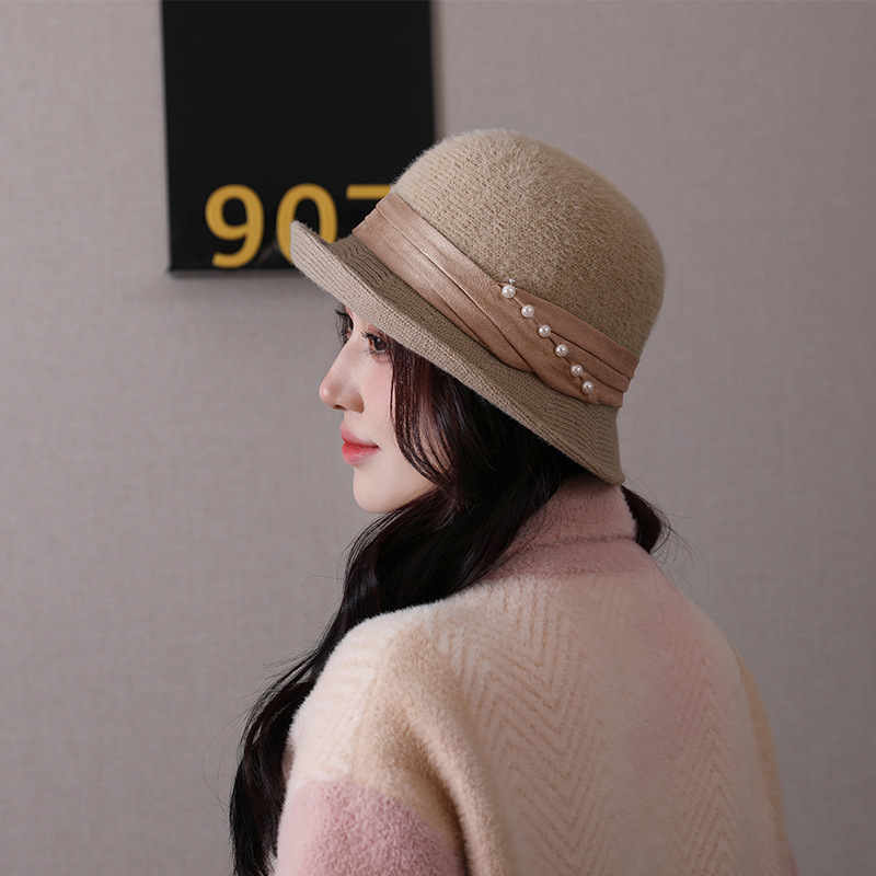 韩版新款针织前翘盆帽子女户外显脸小时尚珍珠纯色小礼帽厂家直营图